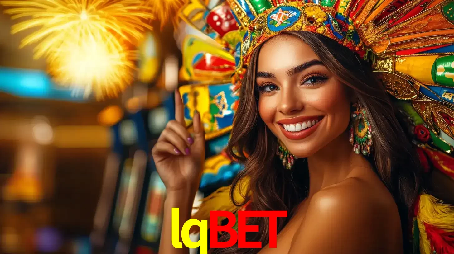 Mulher sorridente com um cocar de carnaval vibrante e colorido, celebrando uma grande vitória nos jogos do cassino lqbet com fogos de artifício ao fundo.