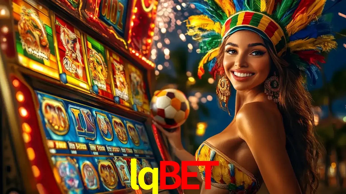 Mulher com um cocar de carnaval ao lado de uma máquina de caça-níqueis enquanto segura uma bola de futebol, mostrando a união da diversão de cassino e esportes no lqbet.
