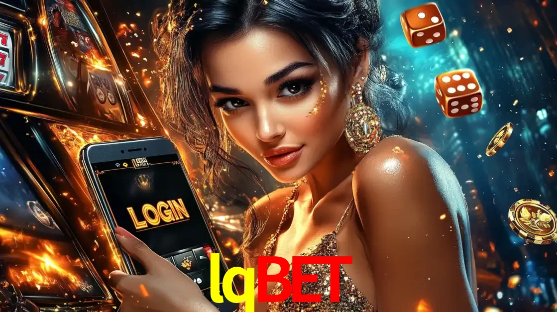 Mulher glamourosa segurando um celular com a tela de login do cassino lqbet, rodeada por dados e moedas douradas, pronta para começar a diversão.