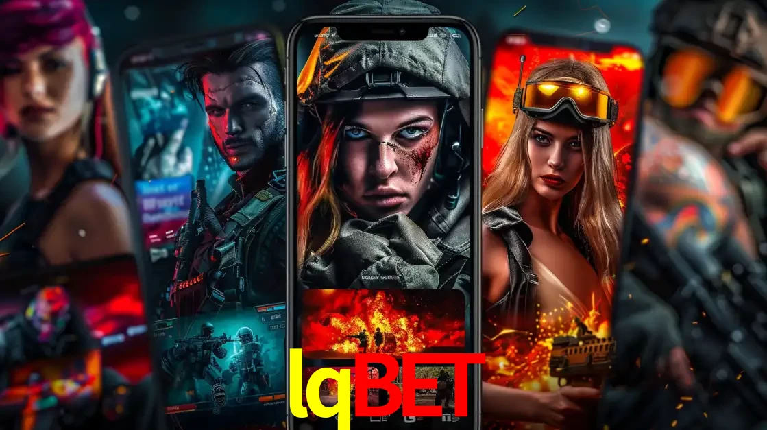 Montagem de telas de celular mostrando diversos personagens, masculinos e femininos, de um jogo de tiro, ilustrando a diversidade de equipes de e-sports para apostar no lqbet.