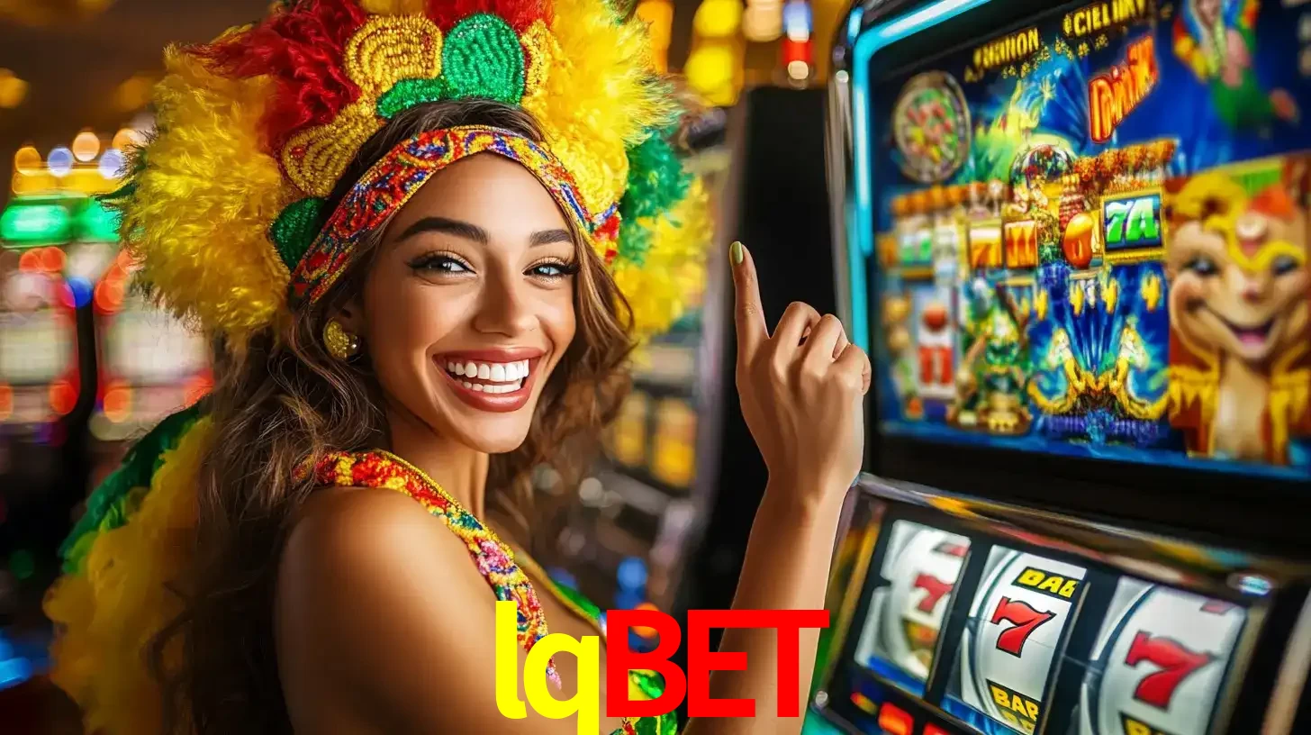 Mulher animada com um cocar de carnaval apontando para uma máquina de caça-níqueis, mostrando a emoção de ganhar um grande prêmio nos jogos do lqbet.