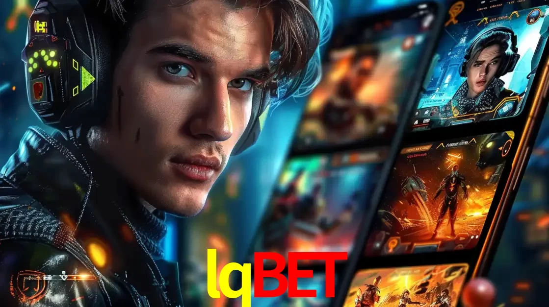 Jovem jogador com fones de ouvido olhando para a câmera, com um aplicativo de jogos e e-sports para celular ao fundo, pronto para a competição e apostas no lqbet.