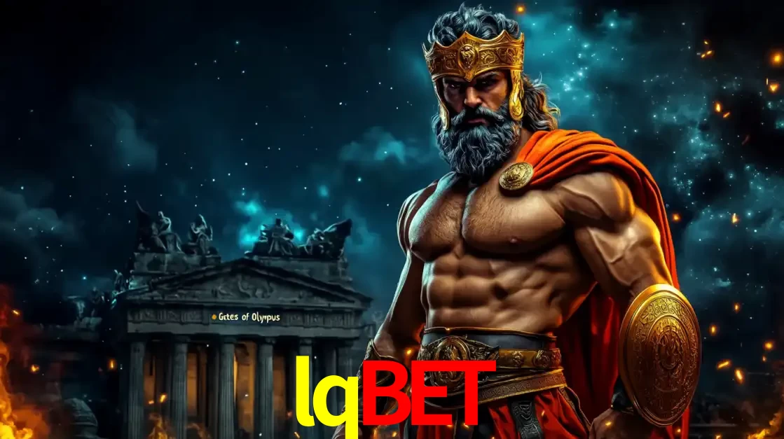 O poderoso Zeus do jogo de slot Gates of Olympus em frente ao seu templo, pronto para lançar multiplicadores divinos e prêmios épicos no cassino online lqbet.