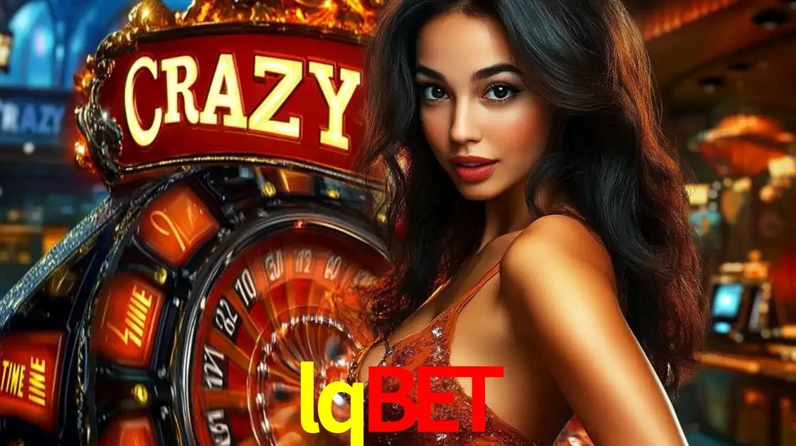 Mulher glamourosa olhando para a câmera com a roda vermelha do Crazy Time ao fundo em um ambiente de cassino, destacando a emoção dos jogos ao vivo no lqbet.