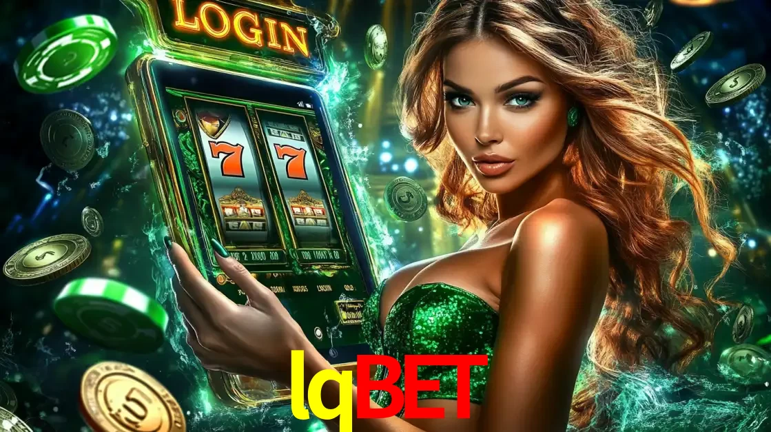 Mulher com tema verde apresentando o aplicativo do cassino lqbet com um jogo de slot de 777, cercada por fichas de cassino e uma aura de sorte.