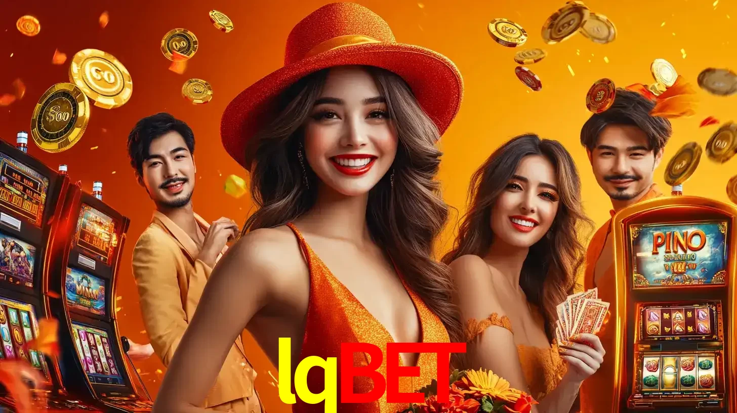 Grupo de amigos asiáticos sorrindo e se divertindo com máquinas de caça-níqueis em um ambiente festivo, celebrando suas vitórias nos jogos de cassino do lqbet.