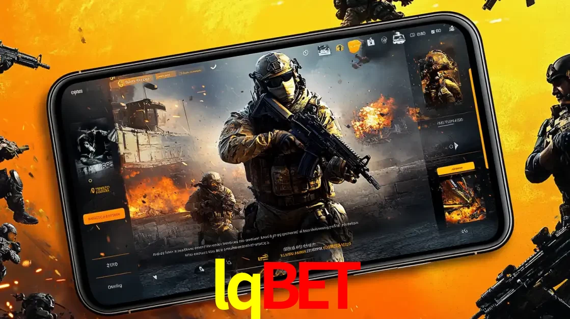 Um smartphone exibindo a interface de um jogo de tiro em primeira pessoa, com um soldado em um cenário de batalha, representando a ação dos e-sports para apostar no lqbet.
