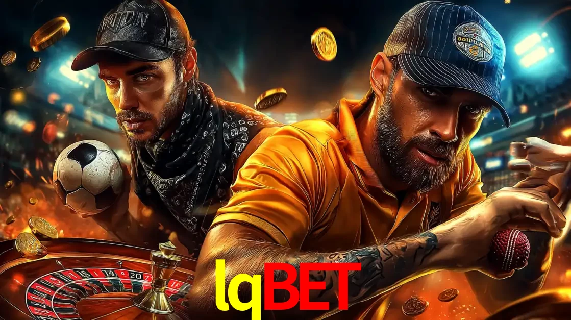 Montagem de apostas esportivas e cassino no lqbet, com um homem segurando uma bola de futebol e outro uma de beisebol sobre uma roleta e moedas voadoras.