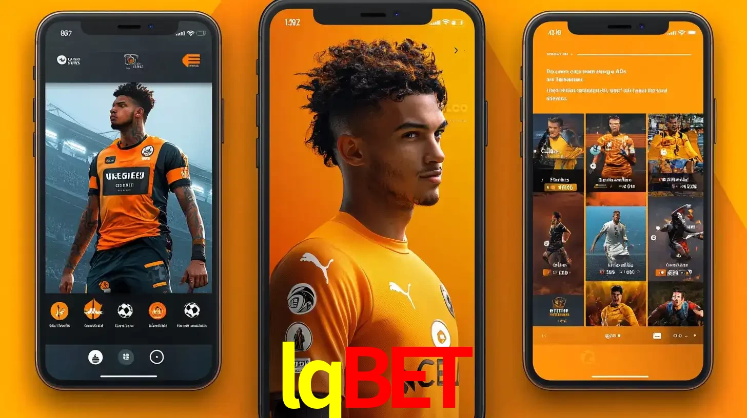 Interface do aplicativo de apostas esportivas lqbet em três telas de celular, mostrando o perfil de um jogador de futebol e a lista de jogos disponíveis para apostar.