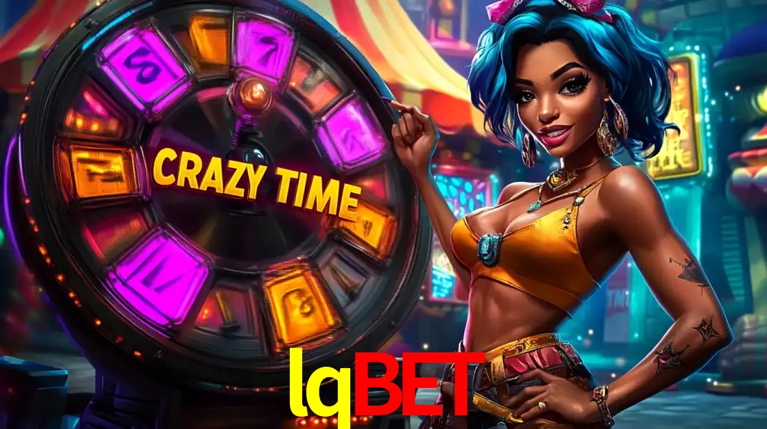 Mulher estilizada com cabelo azul e visual vibrante posando ao lado da roda de prêmios do game show Crazy Time, convidando para a diversão e os bônus do cassino lqbet.