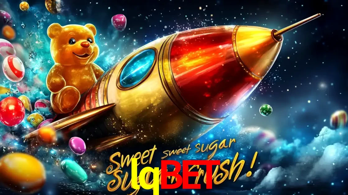 Arte promocional do jogo de slot Sugar Rush, com um urso de pelúcia em um foguete viajando pelo espaço de doces, um dos jogos divertidos disponíveis no cassino lqbet.