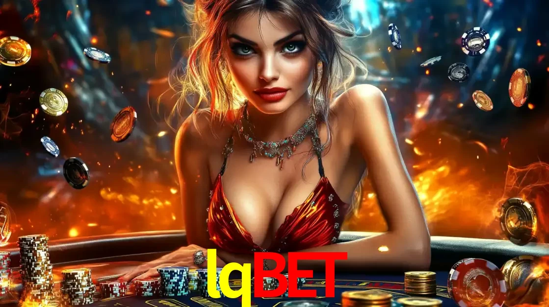 Mulher em uma mesa de cassino com pilhas de fichas e um fundo de fogo, pronta para uma rodada de altas apostas nos jogos de mesa emocionantes do cassino lqbet.