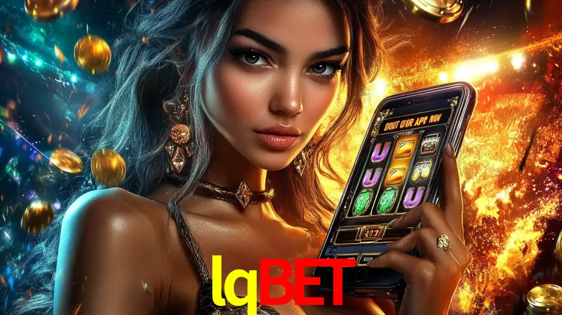 Mulher elegante mostrando um jogo de caça-níqueis em seu smartphone, destacando a experiência de cassino móvel oferecida pelo aplicativo lqbet.