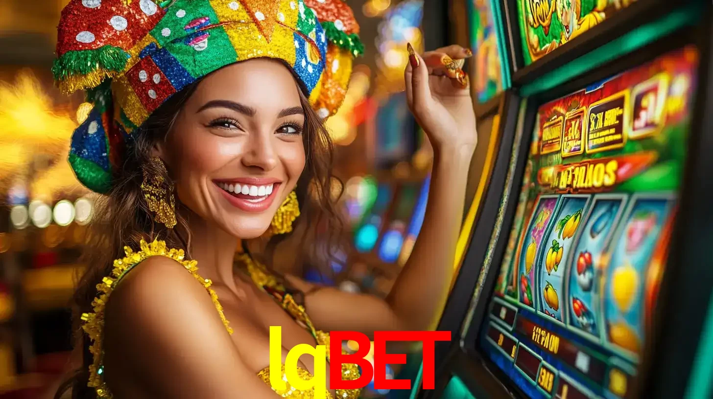 Mulher feliz com traje de carnaval amarelo e colorido ao lado de uma máquina de caça-níqueis, aproveitando a diversão e os jogos temáticos do cassino lqbet.