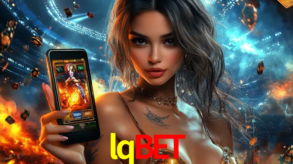 Mulher segurando um celular com um jogo de slot em destaque, tendo como fundo um estádio vibrante, simbolizando a emoção de jogar no cassino móvel lqbet.