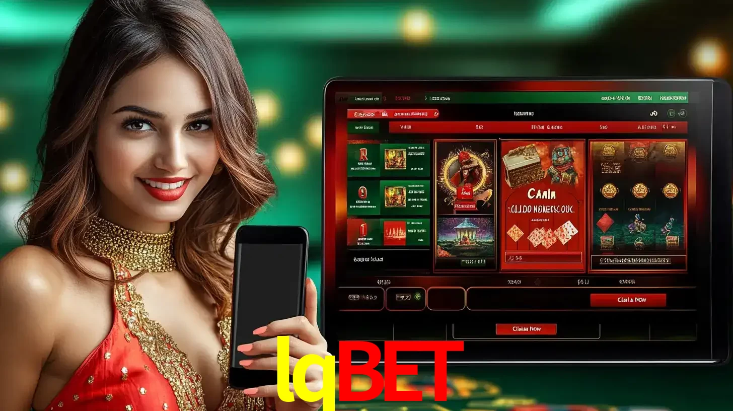 Mulher sorridente segurando um smartphone, ao lado de uma tela exibindo o lobby de jogos do cassino online lqbet, com várias opções de jogos de cartas e slots.
